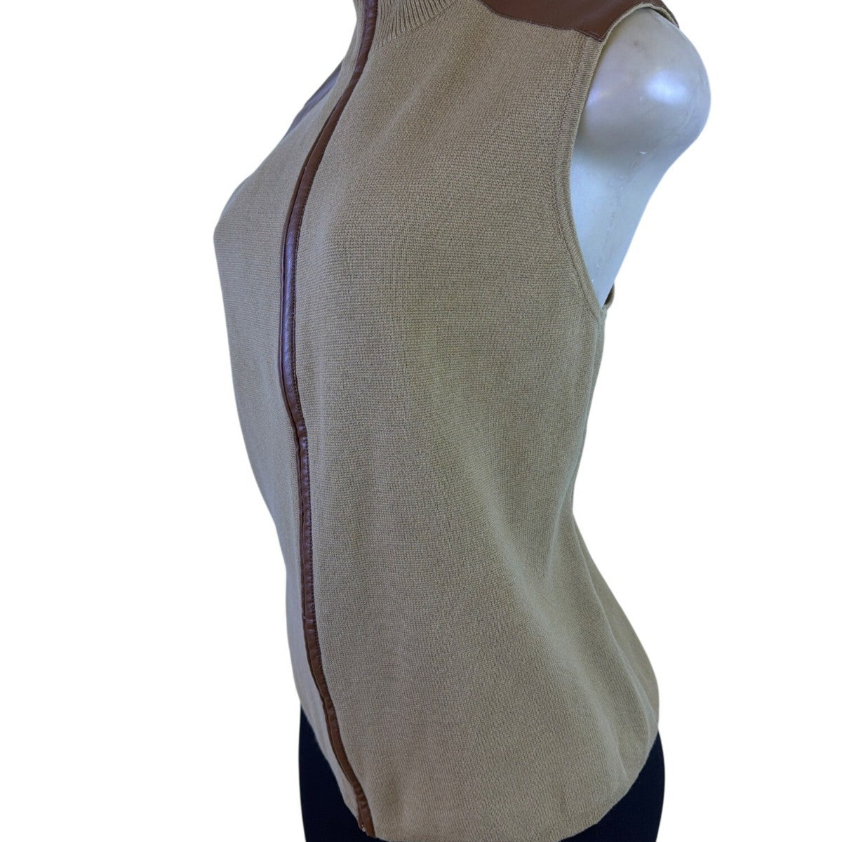 Lauren Ralph Lauren Womens Beige Sleeveless Vest With Faux Leather Trim Size XL