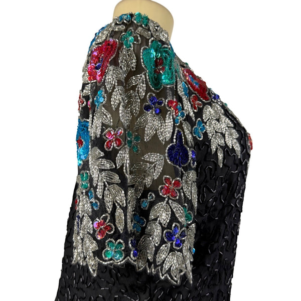 Handmade Black / Multicolor Beaded Embroidered Dress Keyhole Back Fully Lined
