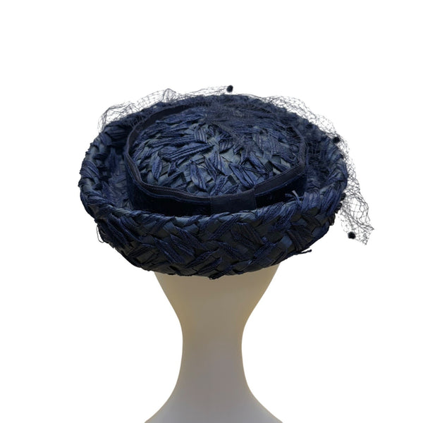 Valerie Modes Womens Navy Woven Straw Hat With Veil Vintage Elegant Accessory