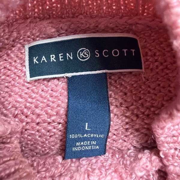 Karen Scott Women’s Pink Cable Knit Sweater Pearl Button Mock Neck Size L