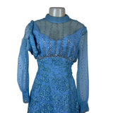 Vintage Womens Blue Embellished Sheer Long-Sleeve Gown With Beaded Overlay