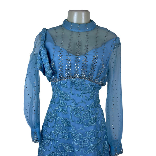 Vintage Womens Blue Embellished Sheer Long-Sleeve Gown With Beaded Overlay