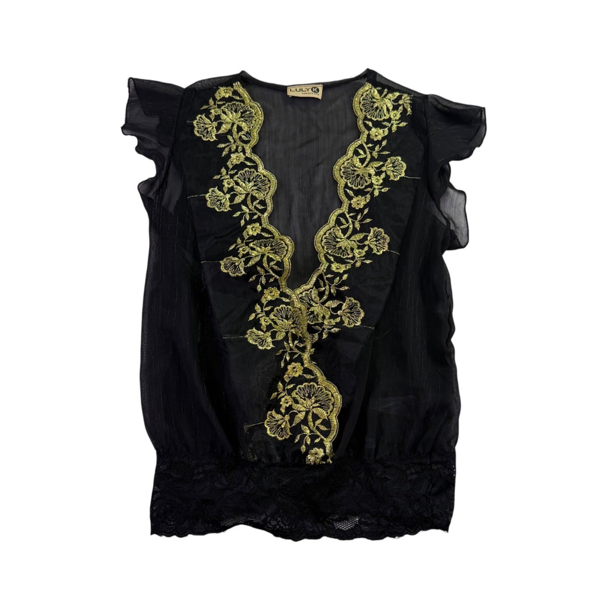 Luly K Womens Black Sheer Embroidered Blouse With Lace Trim Elegant Size OS 
