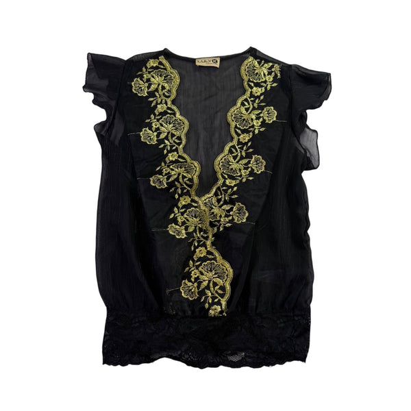Luly K Womens Black Sheer Embroidered Blouse With Lace Trim Elegant Size OS 