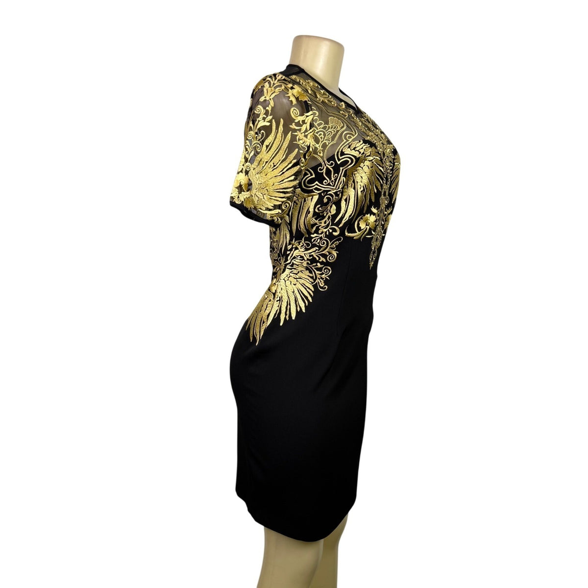 Joryaxuan Black & Gold Embroidered Sheath Dress Short Sleeve Mesh Detail Sz M