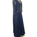 Jkara Women’s Navy Blue Beaded Sleeveless Evening Gown With Sheer Jacket Sz 12