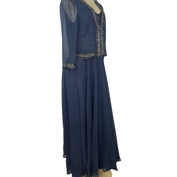 Jkara Women’s Navy Blue Beaded Sleeveless Evening Gown With Sheer Jacket Sz 12