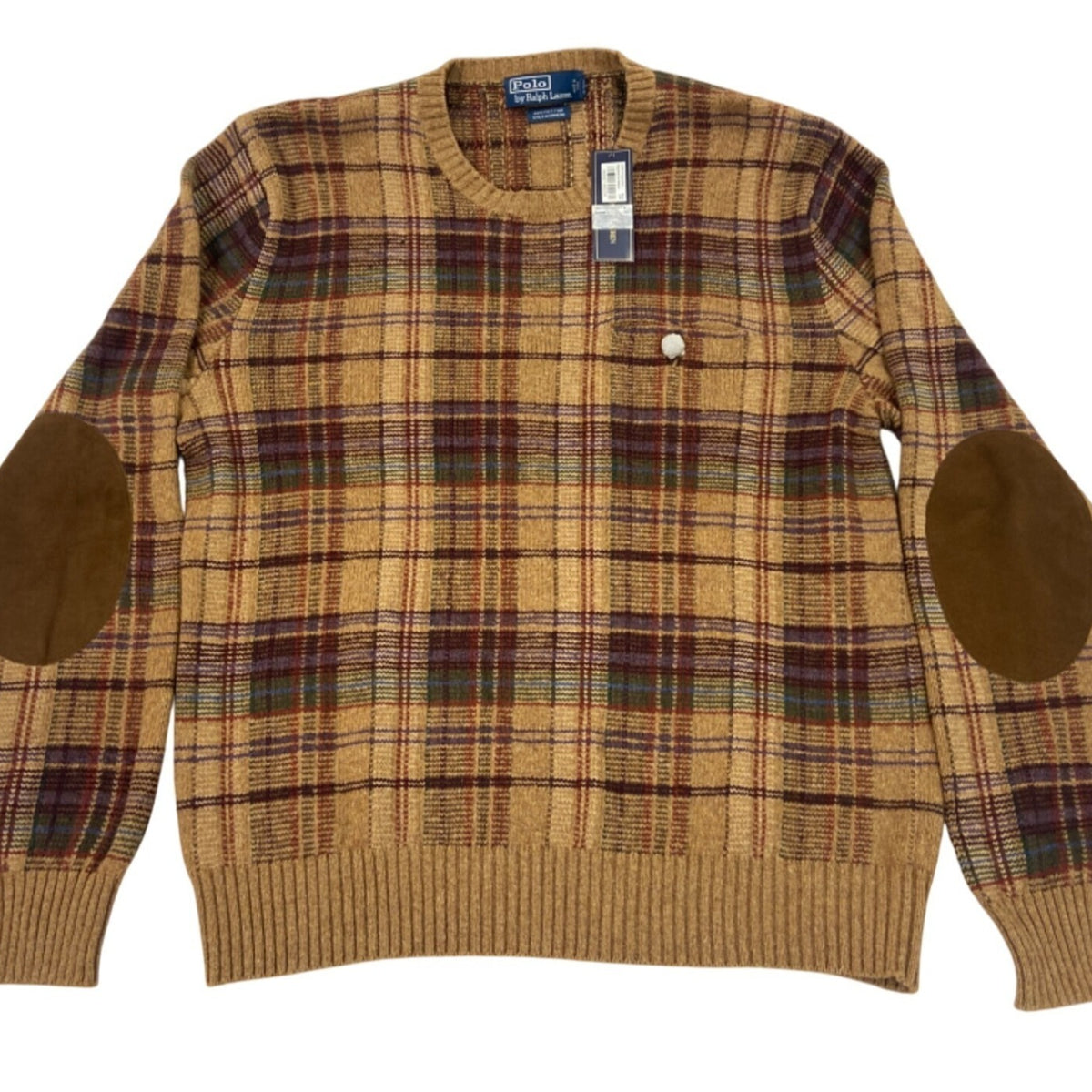 Vintage Polo Ralph Lauren Mens Plaid Knit Sweater With Elbow Patches Sz L - New
