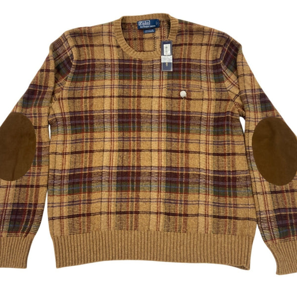 Vintage Polo Ralph Lauren Mens Plaid Knit Sweater With Elbow Patches Sz L - New