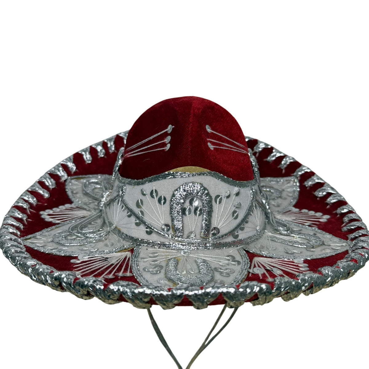 Pigalle Red & Silver Adult Mexican Sombrero Hat Velour Embroidered Traditional F