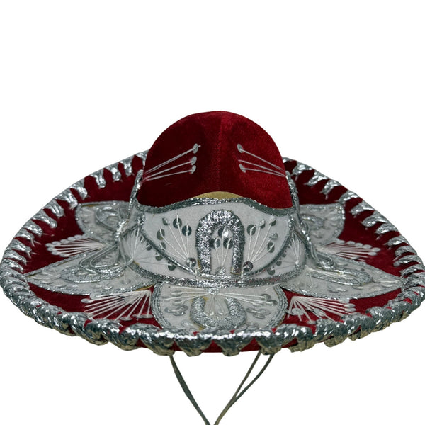 Pigalle Red & Silver Adult Mexican Sombrero Hat Velour Embroidered Traditional F