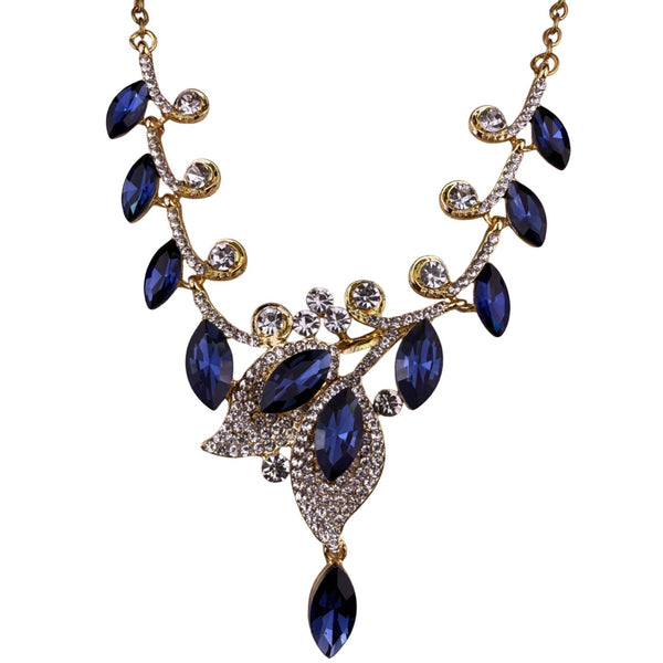 Gold Tone Womens Blue Rhinestone Necklace Statement Jewelry