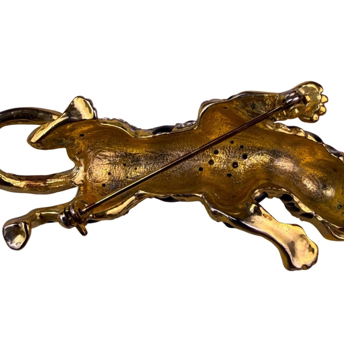 Gold Tone Womens Black Rhinestone Enamel Tiger Brooch With Green Stone Eyes