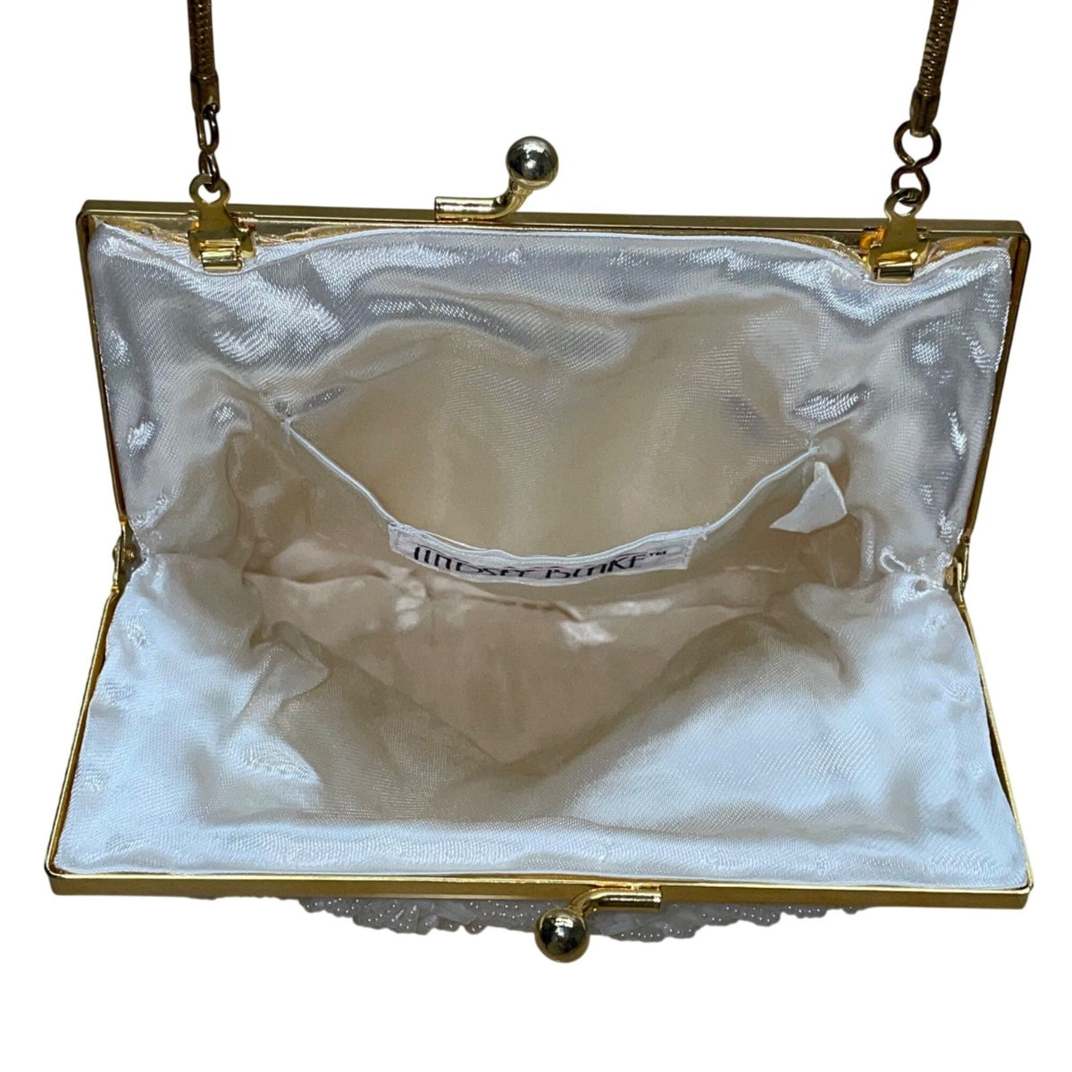 Lindsay Blake Women’s White Beaded Shell Evening Bag With Gold Chain Strap