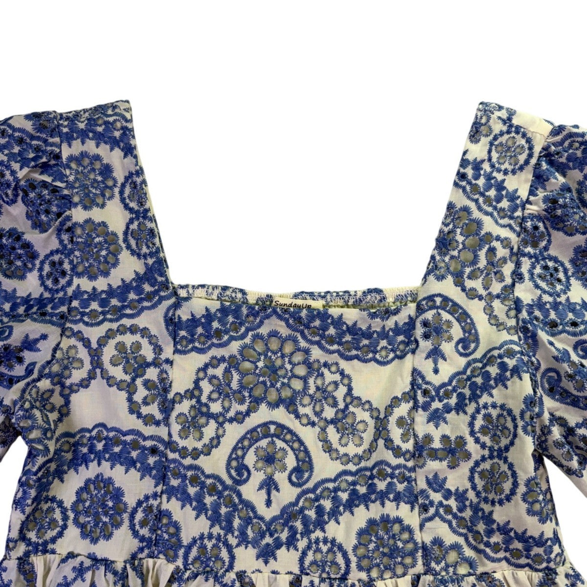 Sundayup Women White & Blue Embroidered Cotton Dress Square Neck Size L