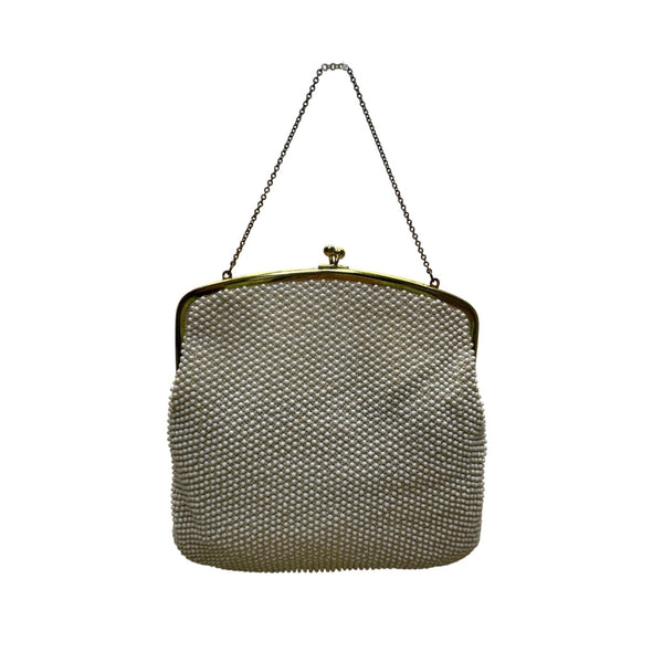 Vintage Women’s White Beaded Evening Clutch Gold Frame Chain Handle