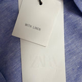 Zara Womens Blue Linen-Blend Collared Button-Up Short Sleeve Shirt Size XS
