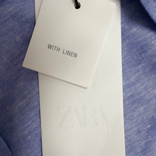 Zara Womens Blue Linen-Blend Collared Button-Up Short Sleeve Shirt Size XS