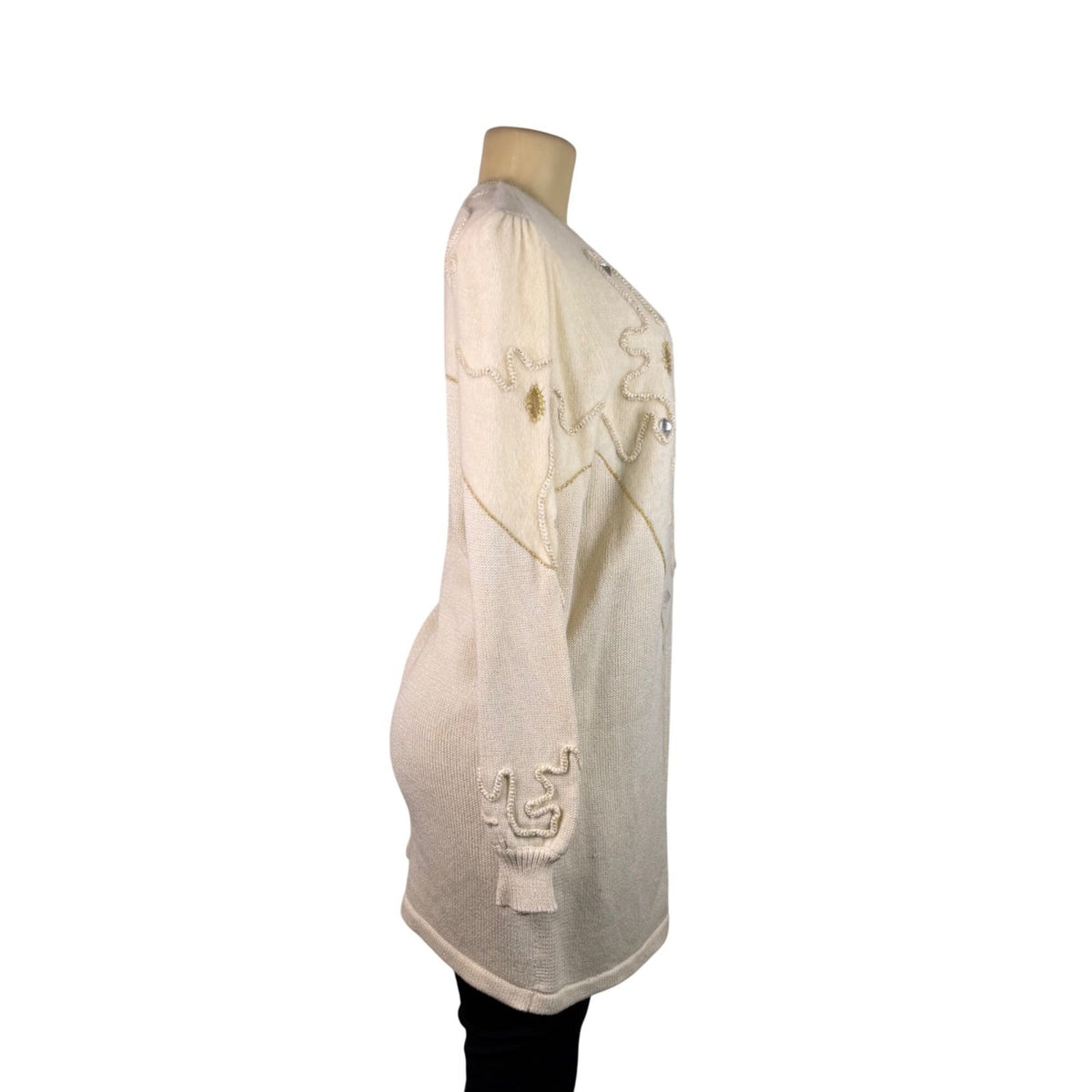 Vintage Madeleine Womens Ivory Embellished Cardigan Long Sleeve Open Front Sz L