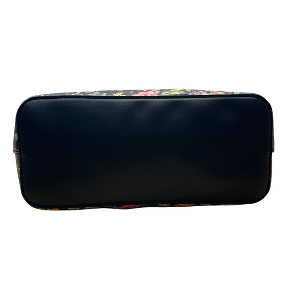 Anne Klein Floral Print Black Faux Leather Gold Accent Zipper Closure Tote Bag