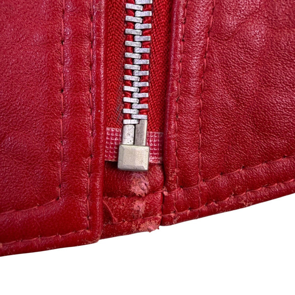 Bloomingdales Womens Red Leather Sleeveless Vest Belted Zipper Pockets Size S