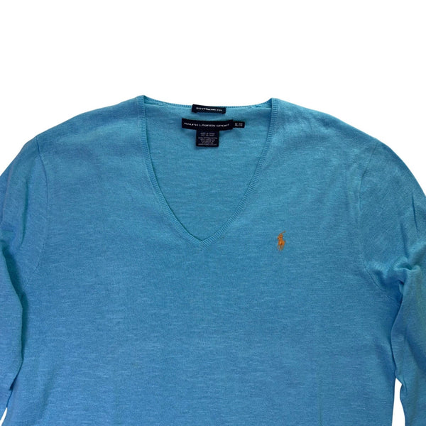 Ralph Lauren Sport Womens Blue V-Neck Sweater Boyfriend Fit Sz- XL