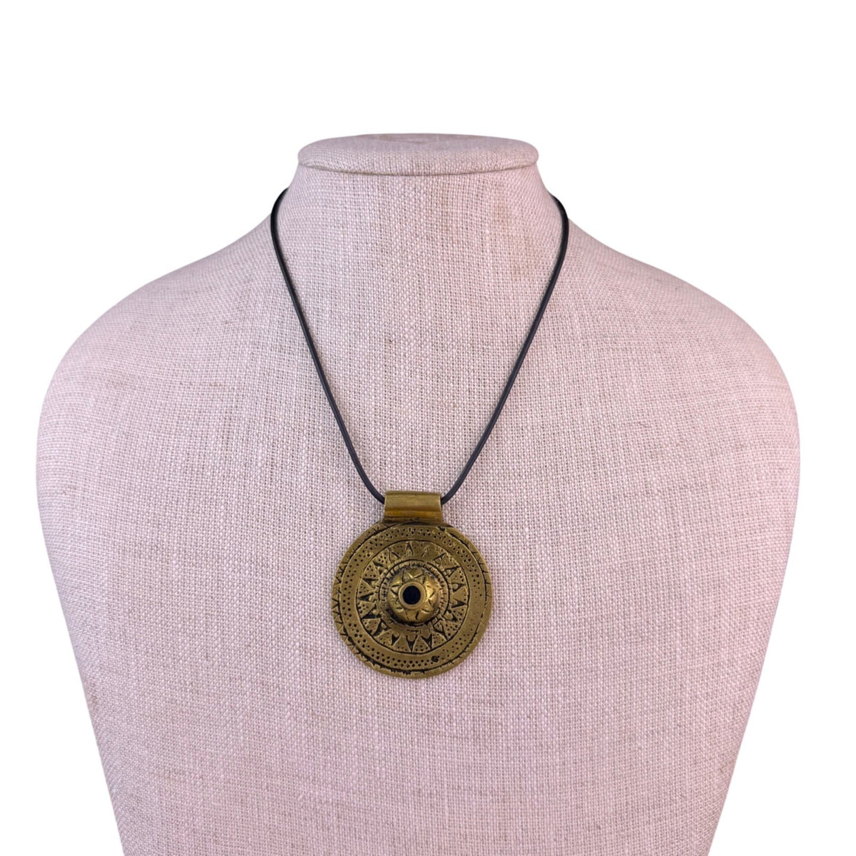 Black Rubber & Bronze Tone Pendant Necklace Tribal Look Adjustable Jewelry