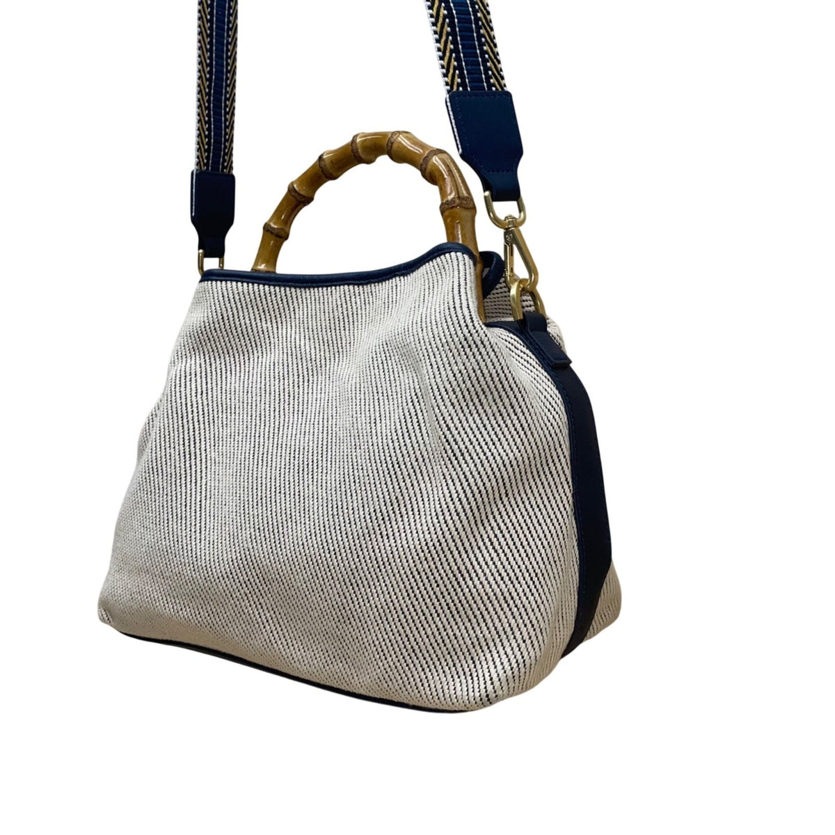J.McLaughlin Women’s White & Blue Canvas Bamboo Handle Shoulder Bag