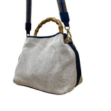 J.McLaughlin Women’s White & Blue Canvas Bamboo Handle Shoulder Bag
