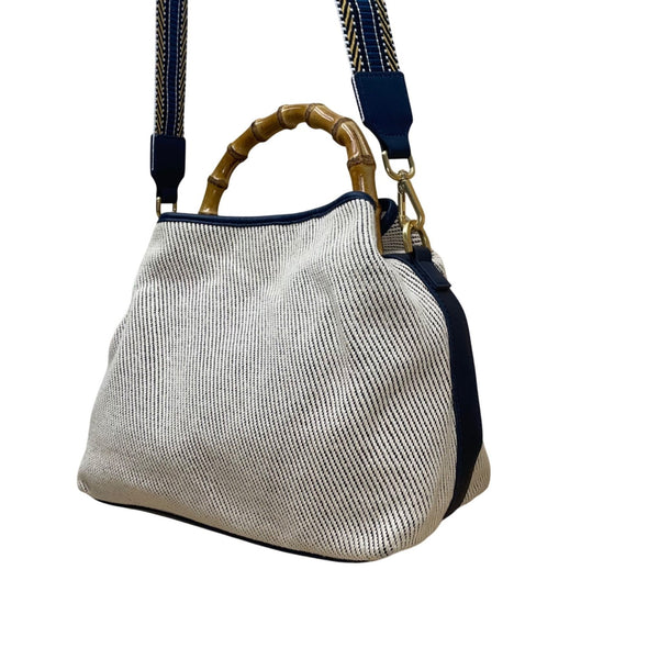 J.McLaughlin Women’s White & Blue Canvas Bamboo Handle Shoulder Bag