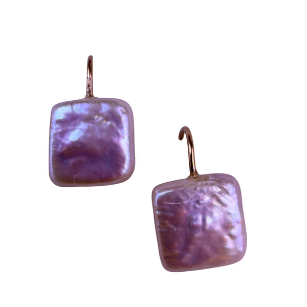 Square Freshwater Pearl Dangle Earrings For Women White & Purple Tones