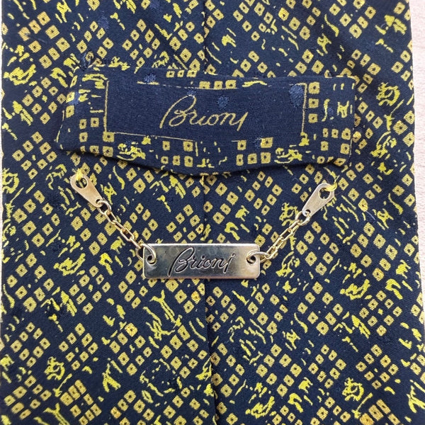 Brioni Mens Navy Yellow Silk Tie Geometric Pattern Handmade In Italy 3.5" Wide