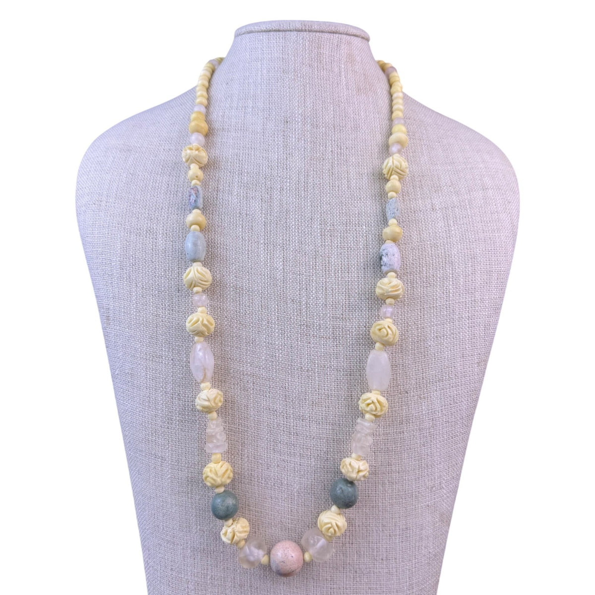 Vintage Ivory & Stone Beaded Carved Necklace  Handcrafted Unique Jewelry