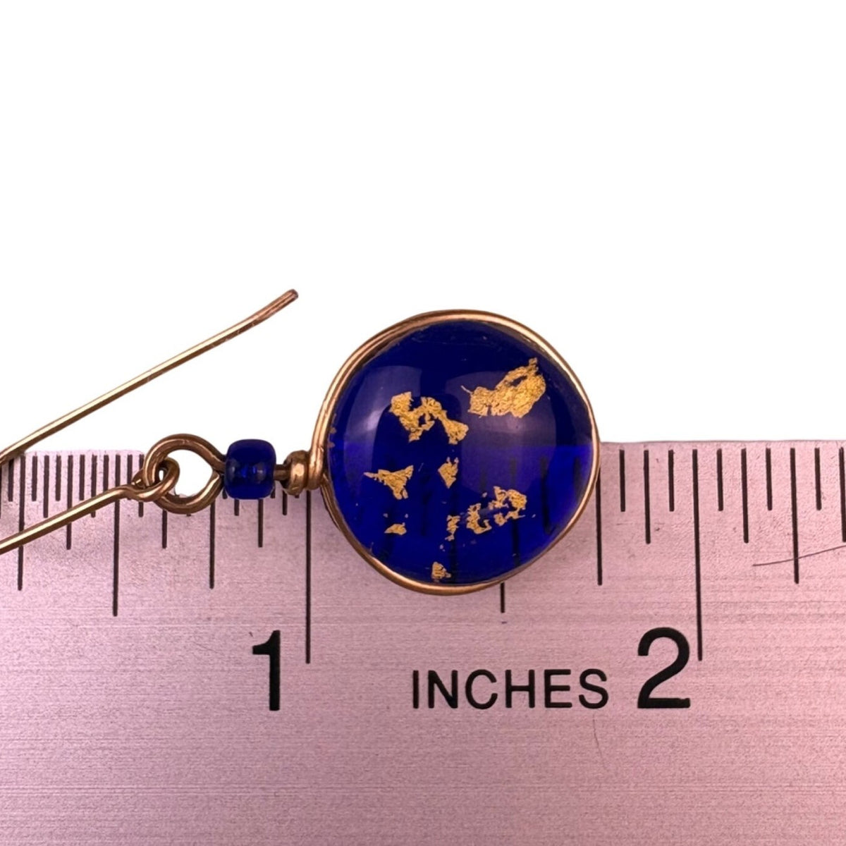 Womens Blue Glass & Gold Leaf Dangle Earrings Lightweight Artisan