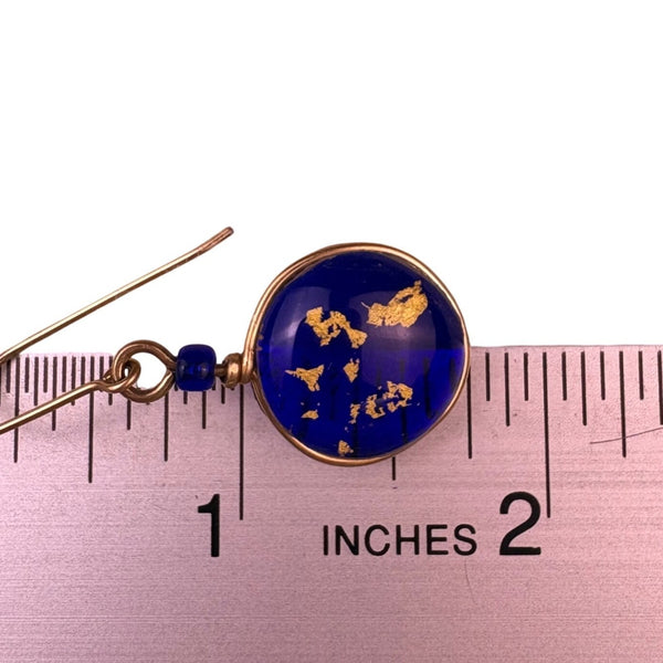 Womens Blue Glass & Gold Leaf Dangle Earrings Lightweight Artisan