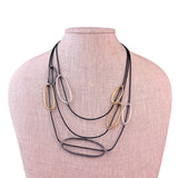 Three-Strap Leather Necklace Oval Pendants Gold/Silver Tone 