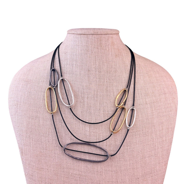 Three-Strap Leather Necklace Oval Pendants Gold/Silver Tone 