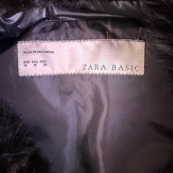 Zara Basic Womens Black Down Puffer Vest Faux Fur Collar Belted Quilted Size M