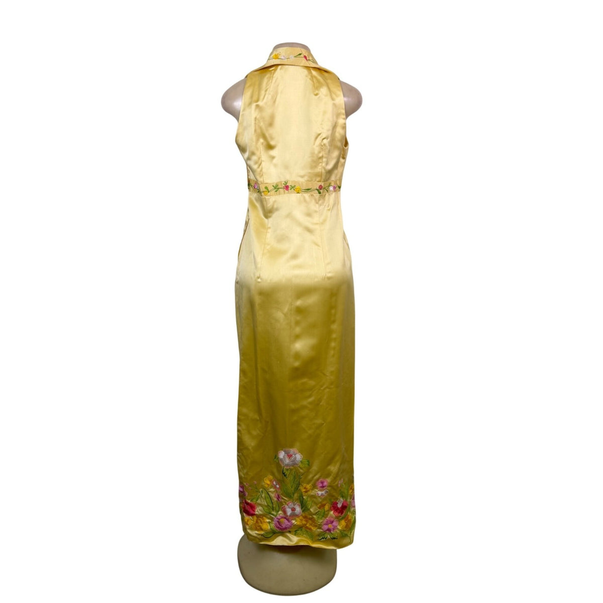 Gold Floral Embroidered Satin Sleeveless Womens Maxi Dress Classy Collar Design