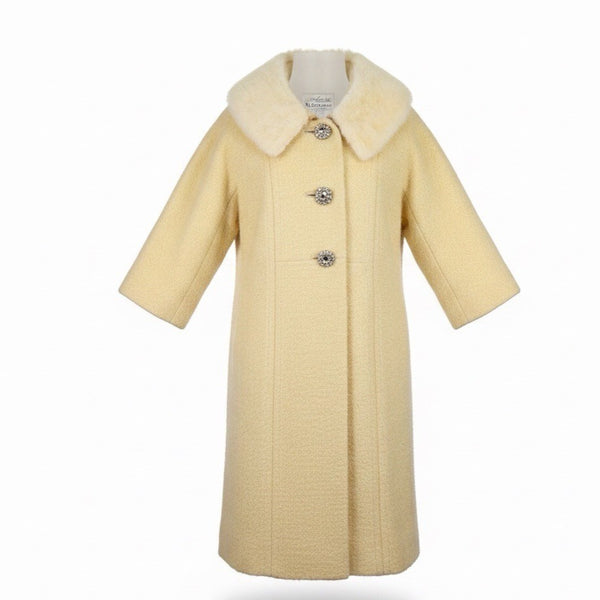 Adoria Kaufmanns Womens Beige Wool Coat Faux Fur Collar Button Closure Vintage