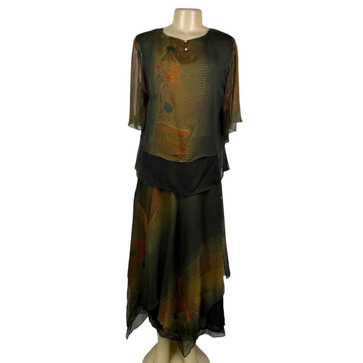 Suzanne Womens Green & Orange Chiffon Skirt & Sheer Jacket Set Floral Sz S