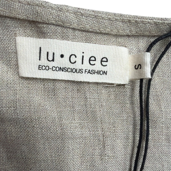 Lu•Ciee Womens Beige Linen Wrap Dress Eco-Friendly Summer Tie Waist Sz S