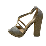 Nina Women’s Silver Glittered Chunky Heel Crisscross Strap Dress Sandals Size 8M