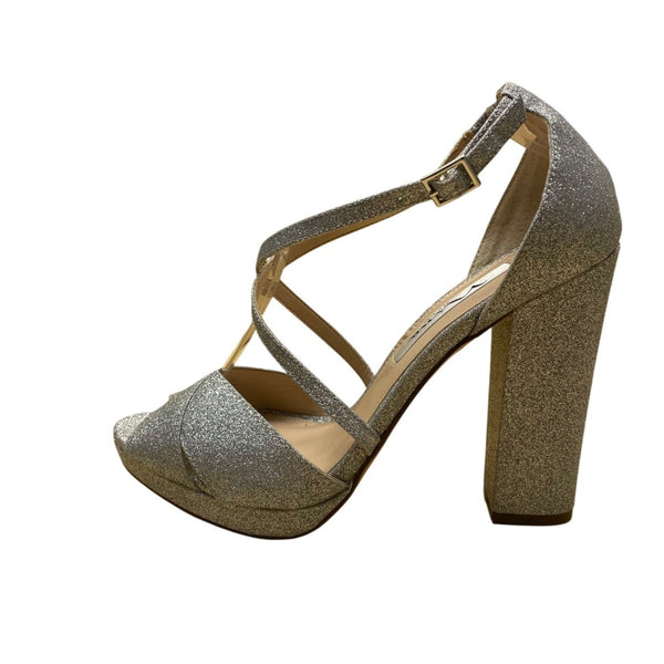 Nina Women’s Silver Glittered Chunky Heel Crisscross Strap Dress Sandals Size 8M