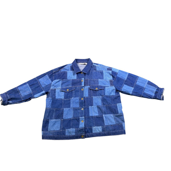 Erica Brooke Womens Blue Cotton Patchwork Jacket Denim Button Up Plus Size 24