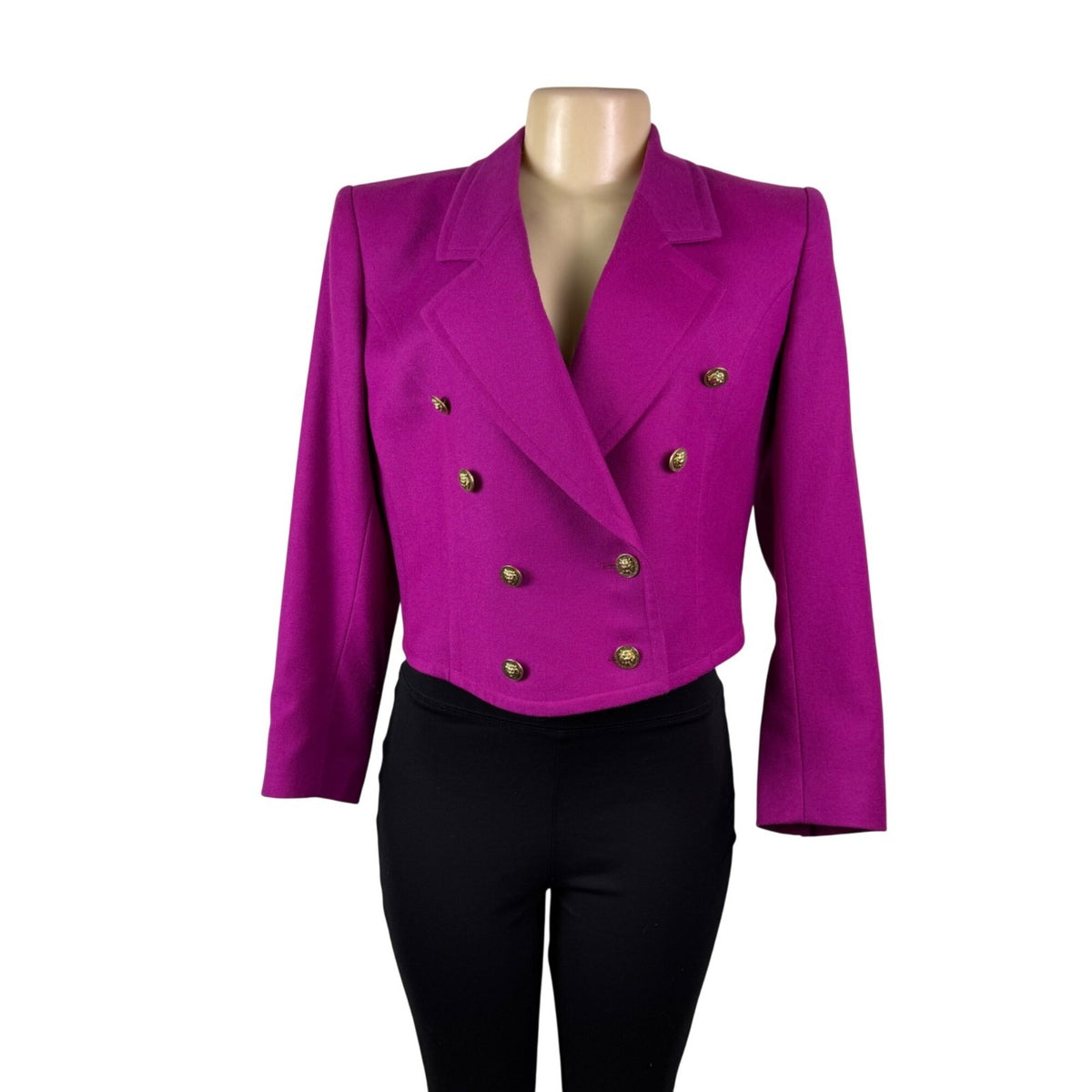 Vintage Guy Laroche Womens Magenta Wool Cropped Double-Breasted Blazer Size 40