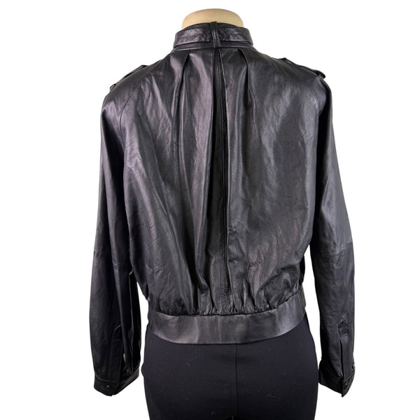 Theory Womens Black Leather Jacket Small Italy Epaulet Bomber Style Zip Closure