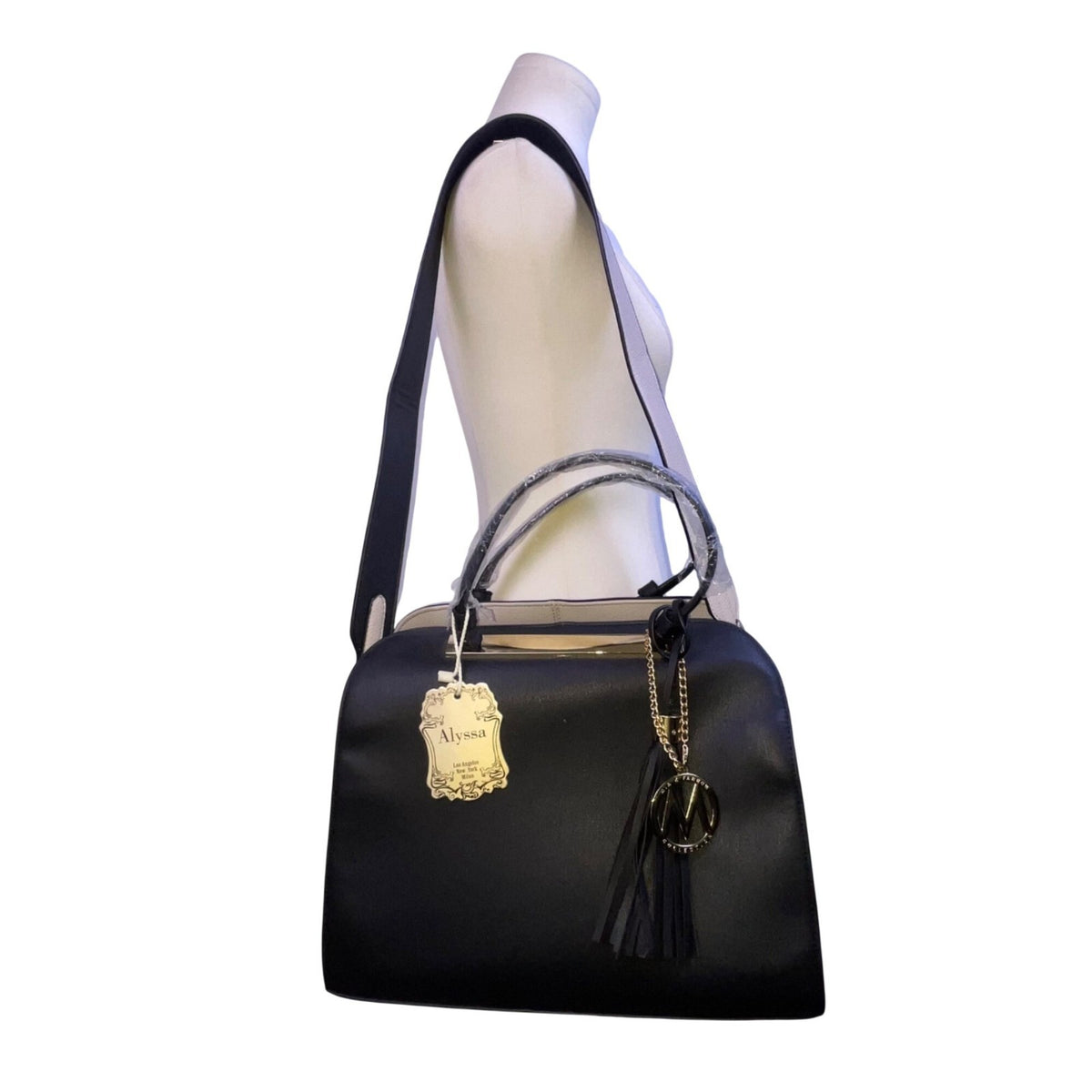 Alyssa Women’s Black Faux Leather Gold & Tassel Charm Mia K Farrow Satchel Bag