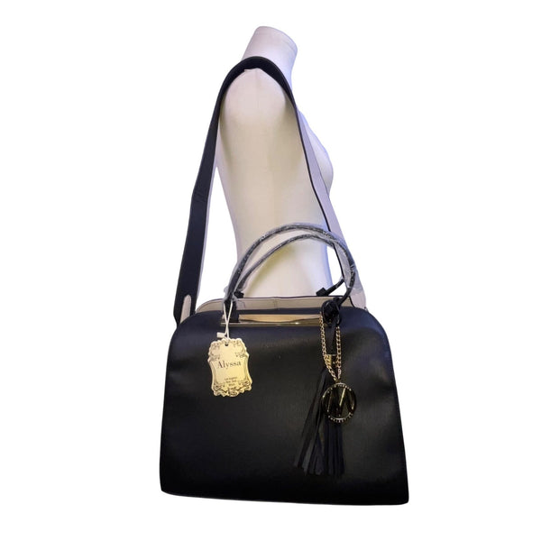 Alyssa Women’s Black Faux Leather Gold & Tassel Charm Mia K Farrow Satchel Bag