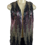 Vintage Sequin Sleeveless Vest Black & Gold With Pink Accents Womens One Size